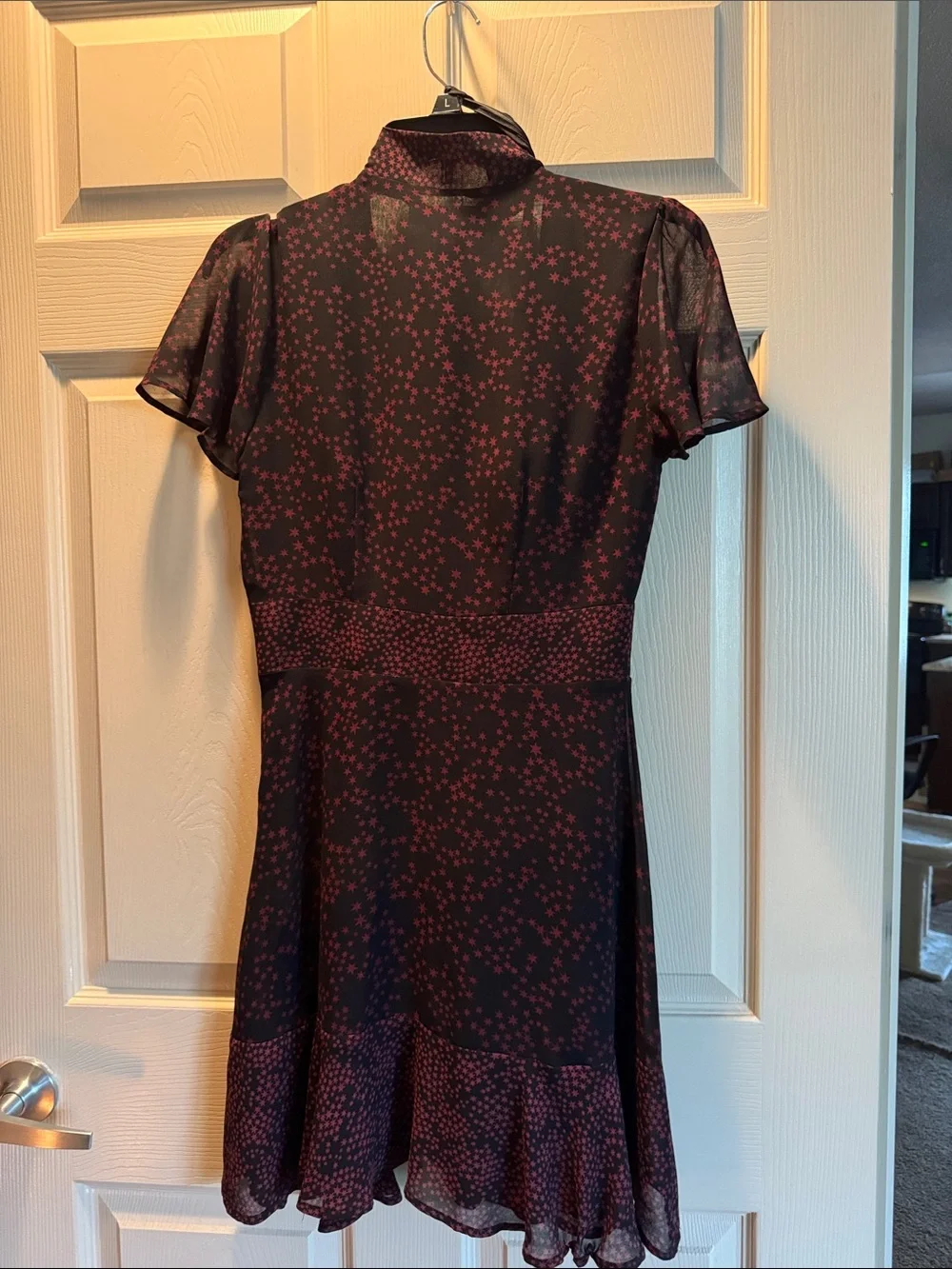 Michael Kors Black Dress with Burgundy Star Print and Tie Neck size XS